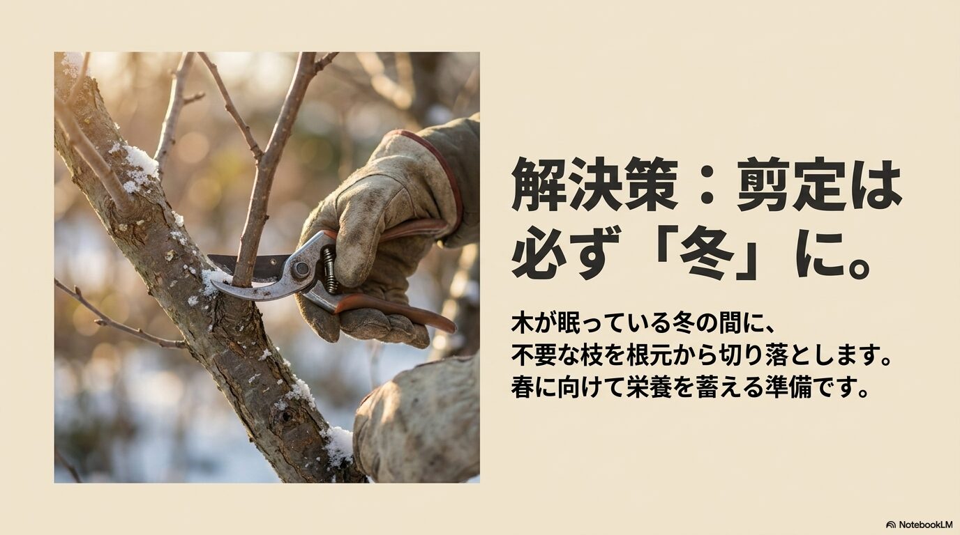 休眠期の冬の間に、グミの木の不要な枝を剪定ばさみで根元から切り落としている様子