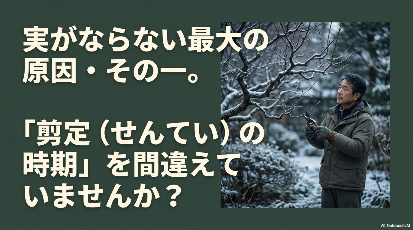 グミの木の実がならない最大の原因の一つである剪定の時期の間違いを指摘するスライド