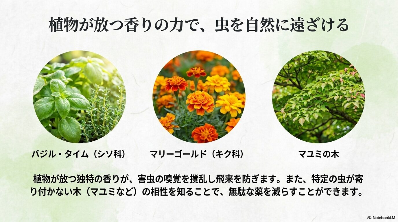 バジルやマリーゴールドなど植物が放つ香りの力で虫を自然に遠ざける