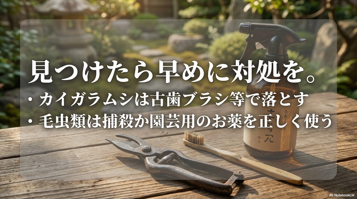 カイガラムシは古歯ブラシで落とし、毛虫類は捕殺か殺虫剤を使用するという早期対処法