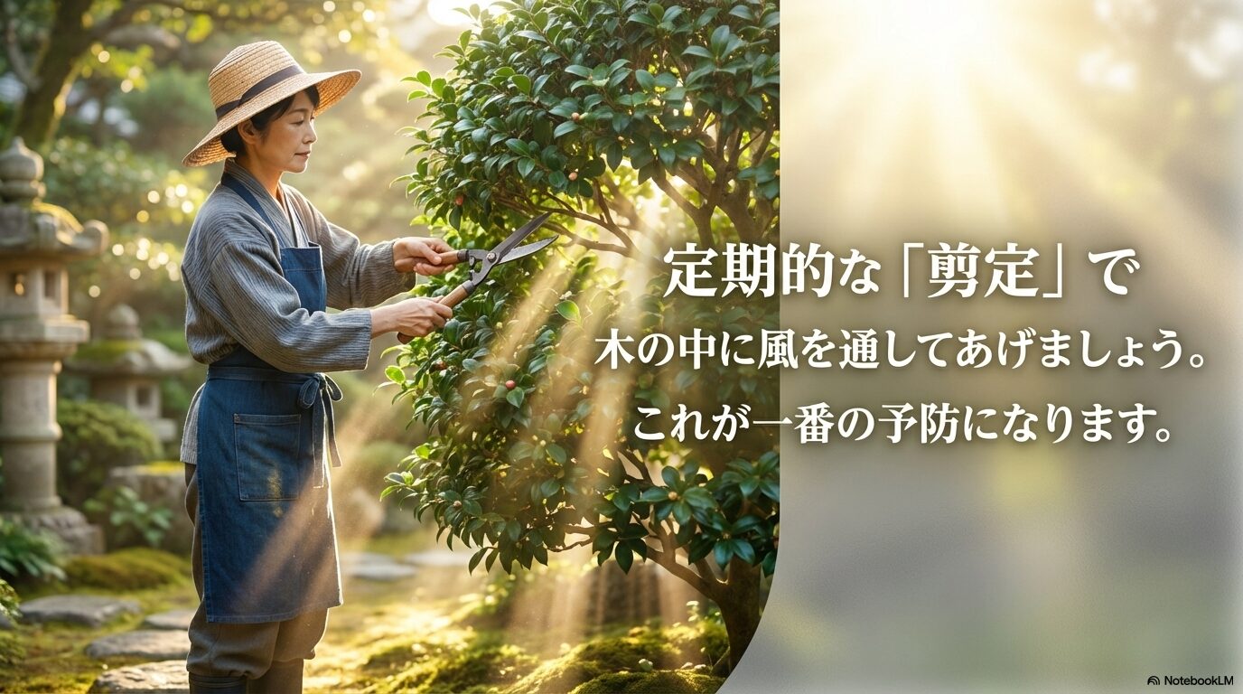 定期的な剪定で木の中に風を通すことが害虫の一番の予防になるという解説