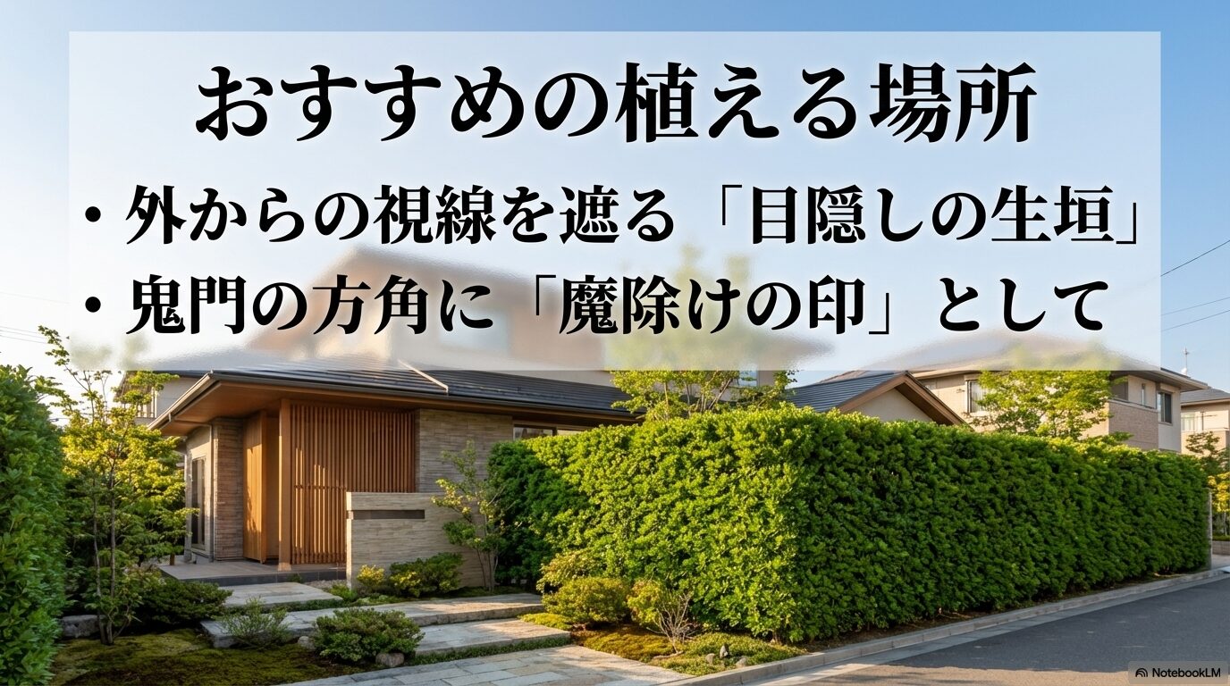 ヒサカキのおすすめの植える場所である目隠しの生垣と鬼門の方角の魔除け