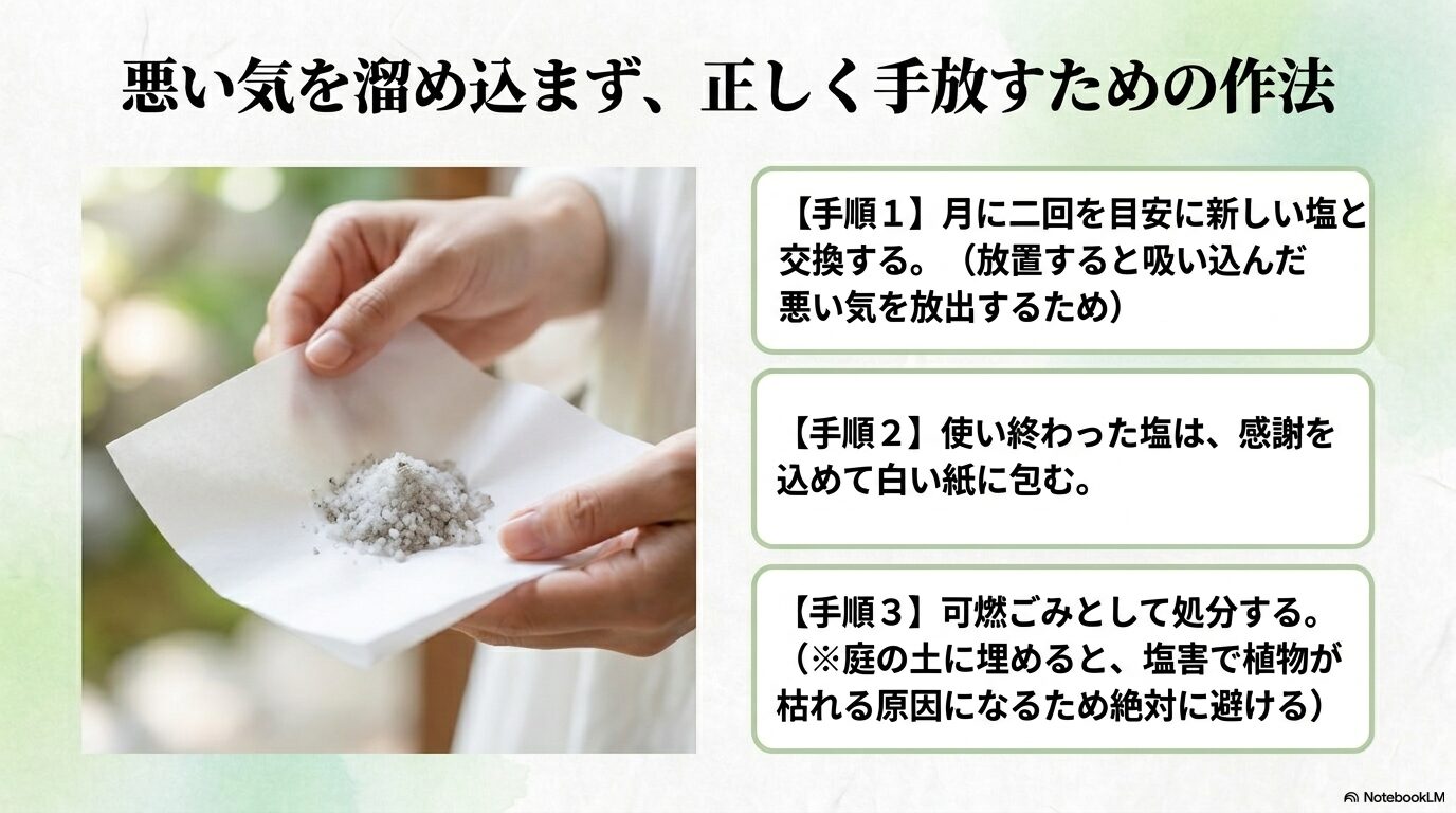 使い終わった盛り塩は月に二回白い紙に包んで可燃ごみとして正しく処分する