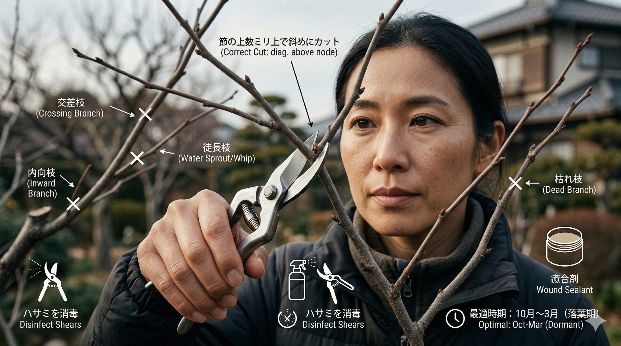 花蘇芳(ハナズオウ)の正しい剪定時期(10月〜3月の落葉期)や、切るべき不要な枝(徒長枝、内向枝、交差枝、枯れ枝)、切る位置(節の数ミリ上)を、剪定バサミや癒合剤のアイコンとともに視覚的に解説した写真。