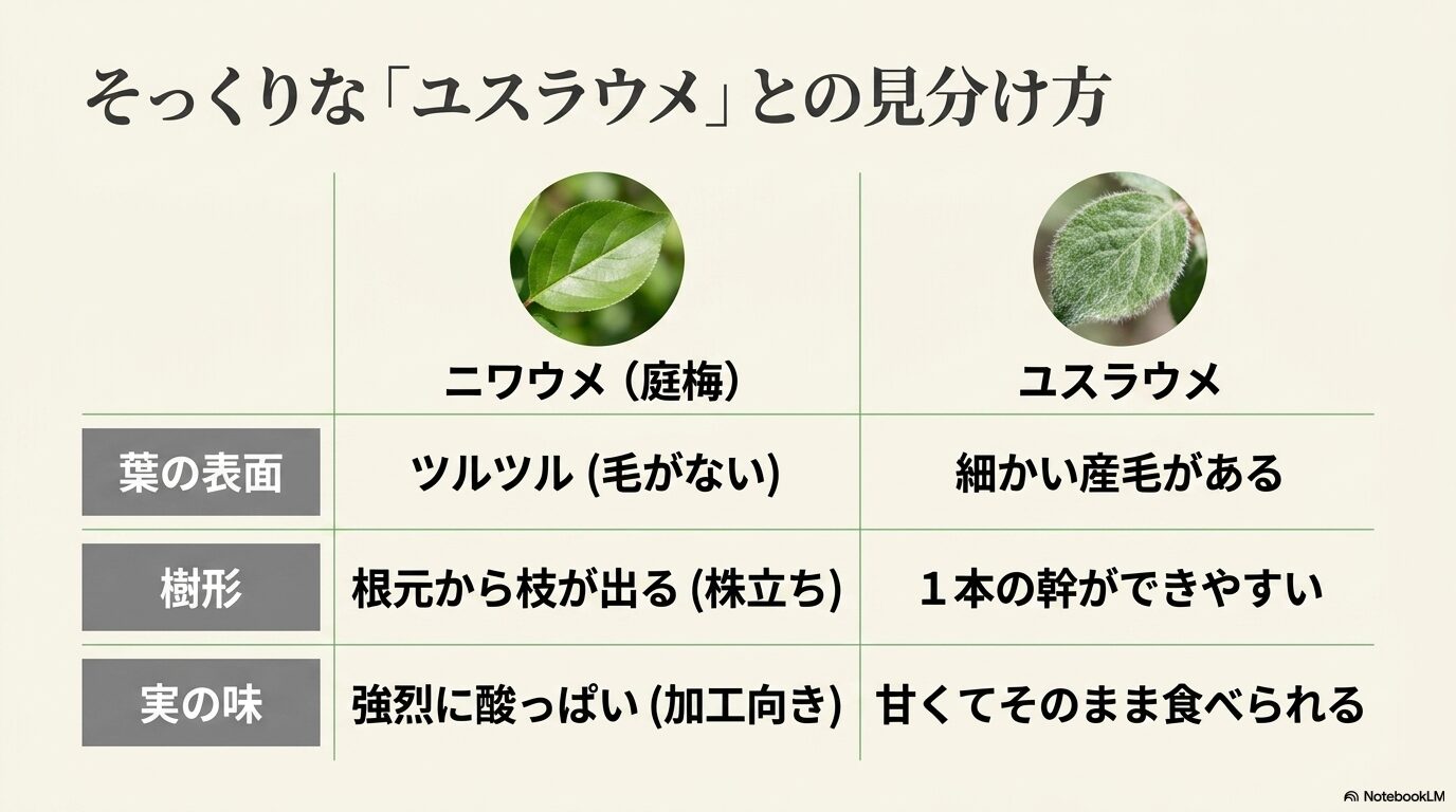 葉の表面の毛の有無や実の味（酸っぱいニワウメと甘いユスラウメ）の違いをまとめた比較スライド