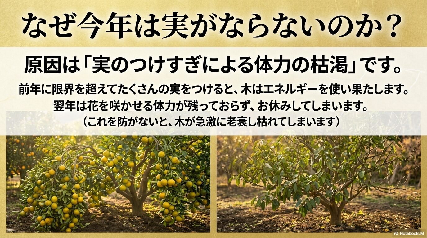 前年に実をつけすぎると木のエネルギーが使い果たされ、翌年にお休みしてしまう隔年結果の原因を説明する図解