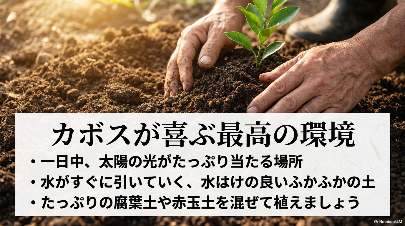 太陽の光と水はけの良いふかふかの土が必要な、カボスにとって最高の環境についての説明