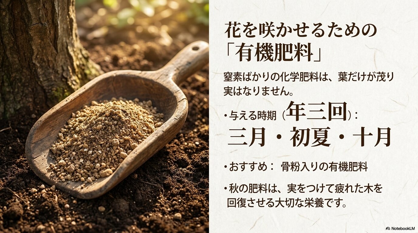 カボスに花を咲かせるための骨粉入り有機肥料の紹介と、3月、初夏、10月の年3回の与える時期 