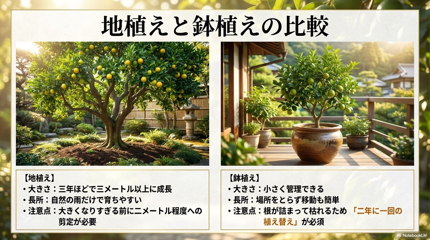 カボスの地植えと鉢植えにおける成長の大きさ、長所、注意点（剪定や植え替え）の比較表