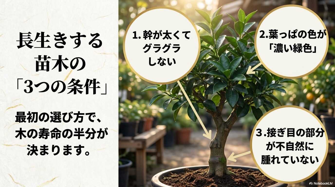 寿命の半分を決める、長生きする苗木の3つの条件（幹が太い、葉が濃い緑色、接ぎ目が腫れていない）