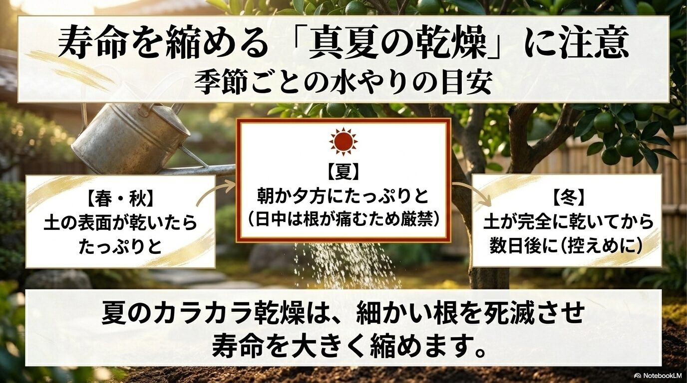 春夏秋冬ごとの水やりの頻度と、寿命を縮める真夏の乾燥への注意点