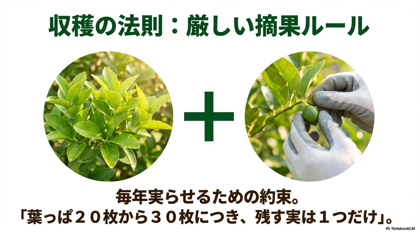 ツヤのある美しいレモンの葉と、手袋をして小さな緑色のレモンの実を間引く摘果（てきか）作業をしている様子