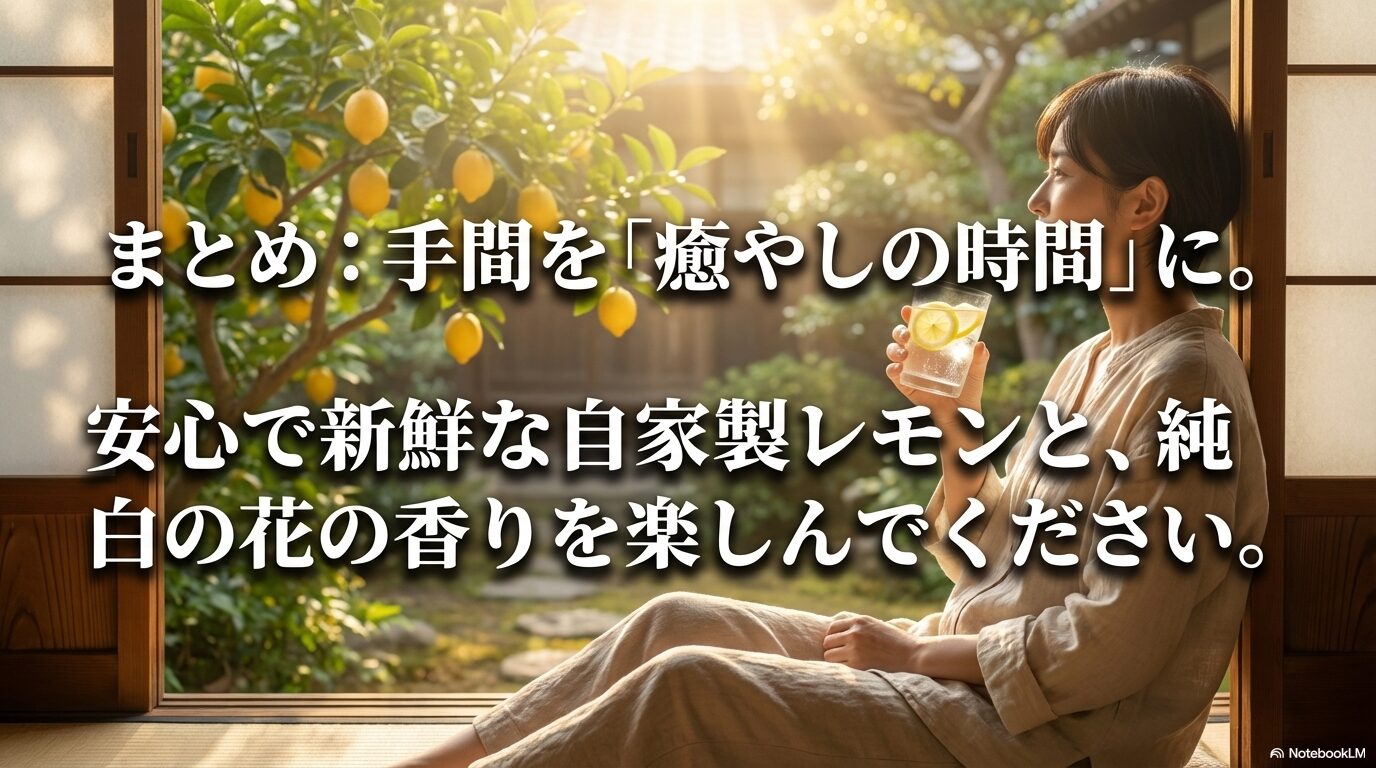 まとめ：手間を「癒やしの時間」に。安心で新鮮な自家製レモンと、純白の花の香りを楽しんでくださいと書かれたスライド