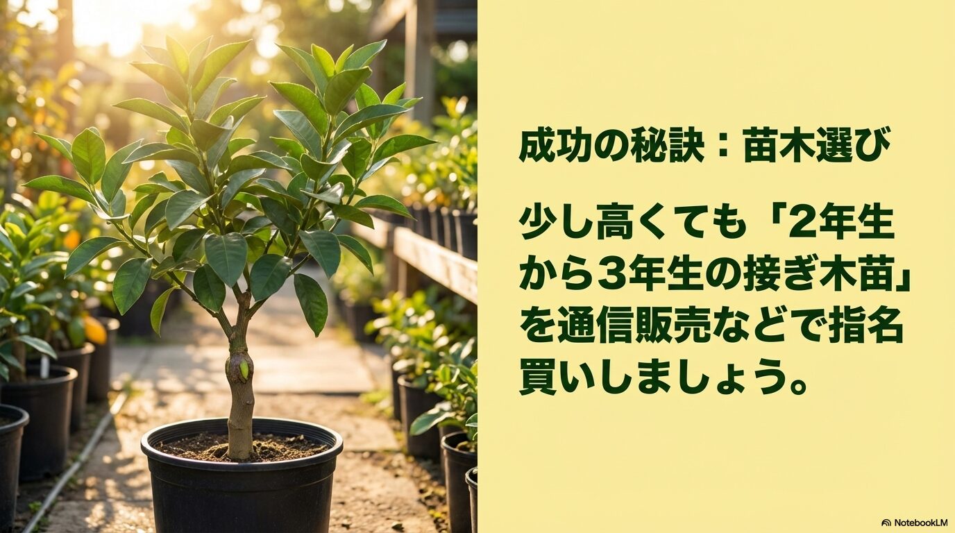黒いポットに植えられた、購入後お庭に植え付けるのに最適なサイズの健康なレモンの接ぎ木苗