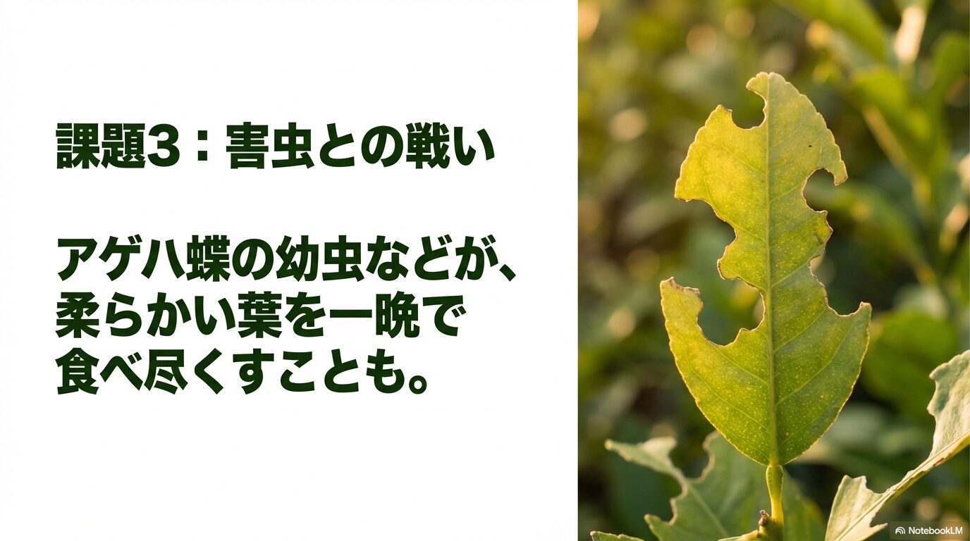アゲハ蝶の幼虫などの害虫によって、大きく欠けるように食べ尽くされてしまったレモンの葉