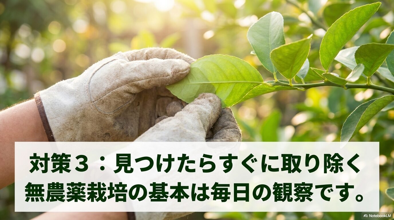 対策3：見つけたらすぐに取り除く。無農薬栽培の基本は毎日の観察ですと書かれたスライド