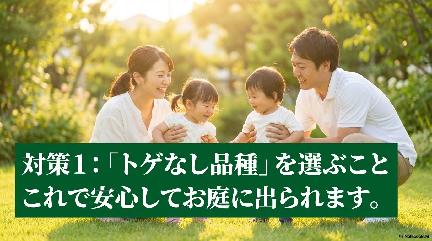 対策1：「トゲなし品種」を選ぶこと。これで安心してお庭に出られますと書かれたスライド