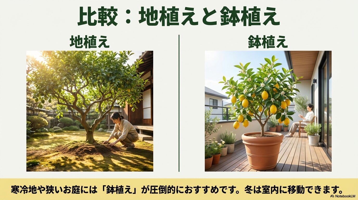 庭の土に地植えされたレモンの木を手入れする様子と、日当たりの良いベランダで鉢植えのレモンを楽しむ様子の比較