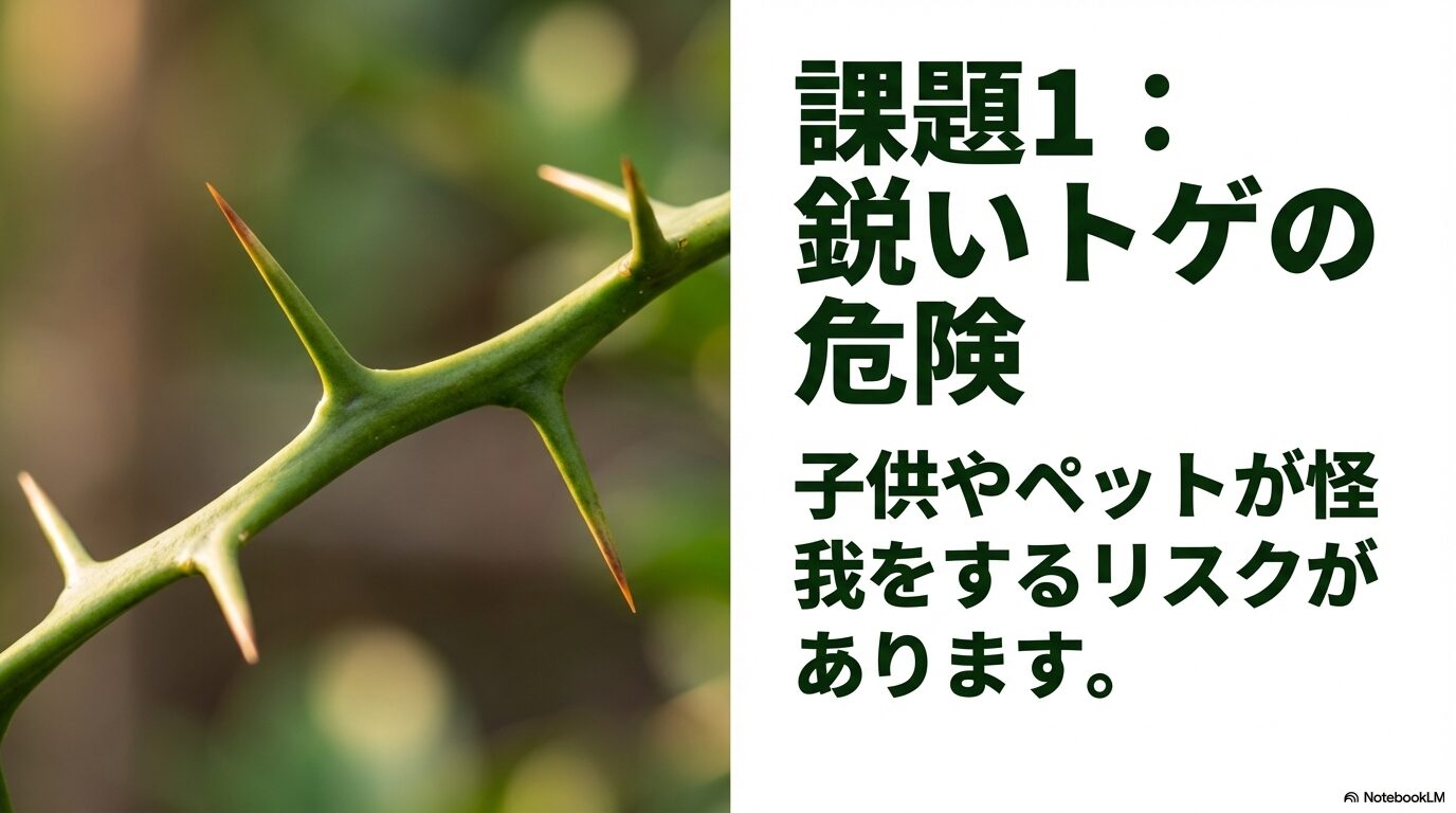課題1：鋭いトゲの危険。子供やペットが怪我をするリスクがありますと書かれたスライド