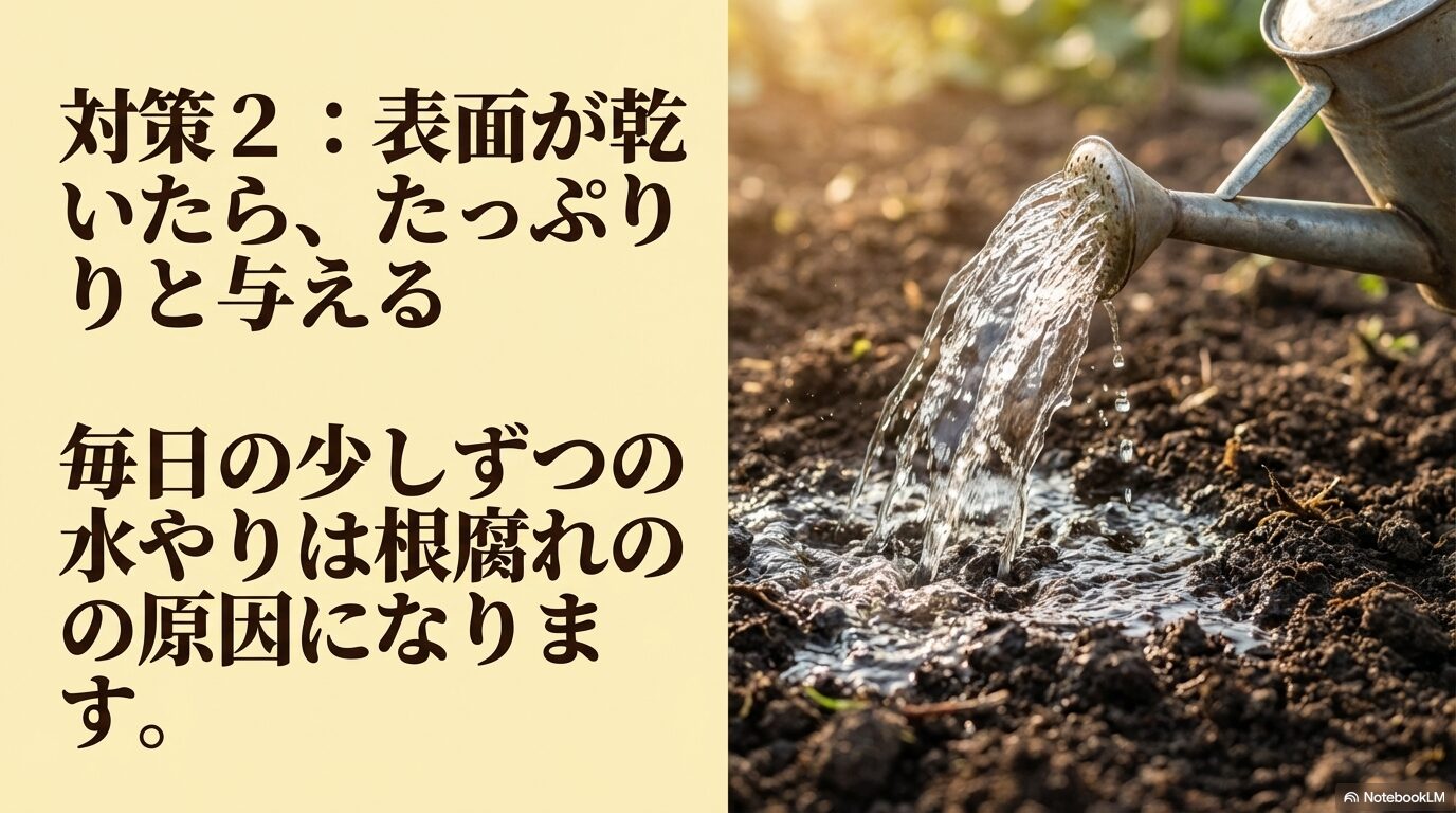 対策2：表面が乾いたら、たっぷりと与える。毎日の少しずつの水やりは根腐れの原因になりますと書かれたスライド