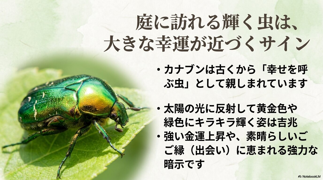 庭に訪れるカナブンなどの輝く虫は大きな幸運や金運上昇が近づく吉兆のサイン