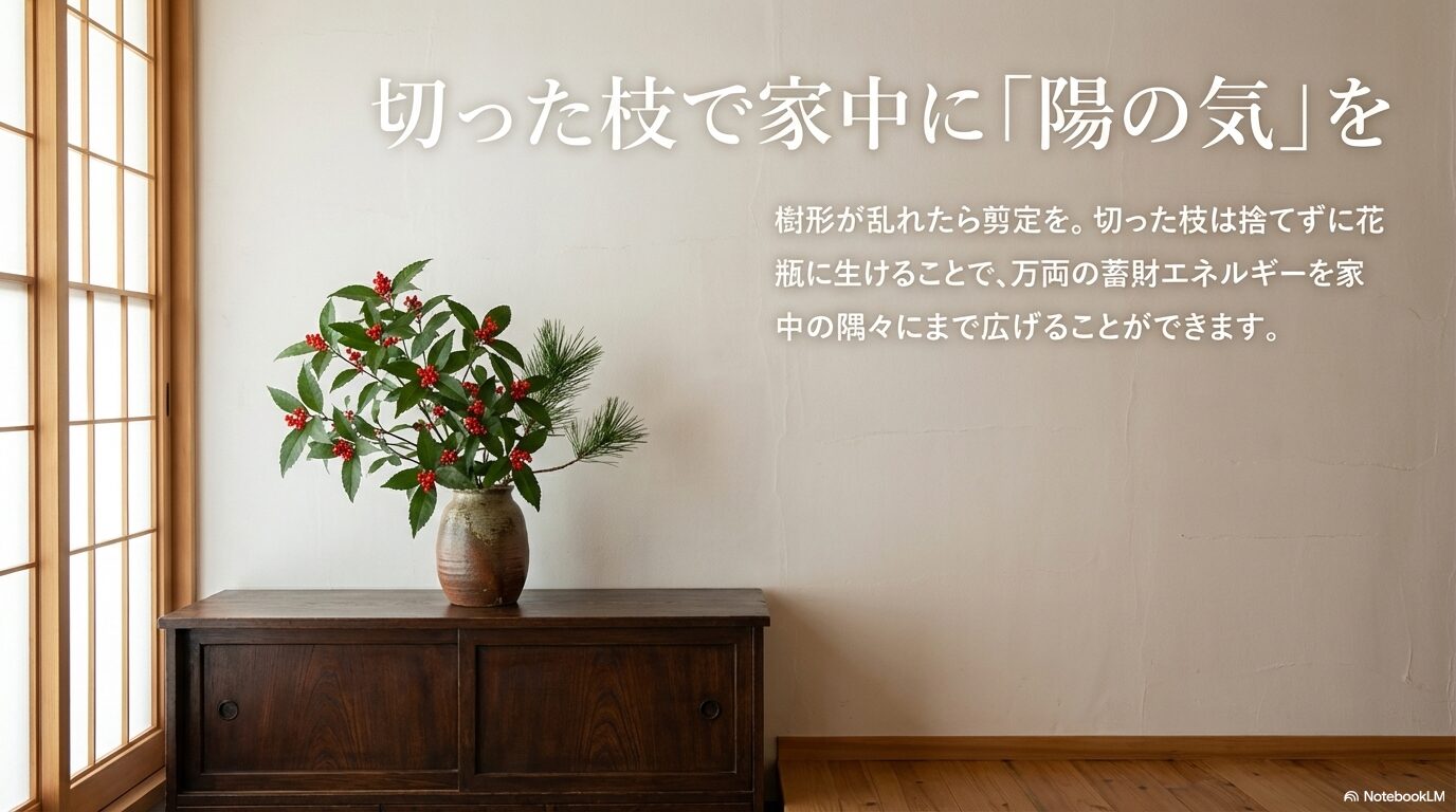 切った万両の枝を家中に飾って陽の気を広げる