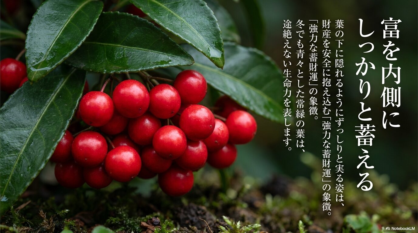 万両の実は強力な蓄財運の象徴であり常緑の葉は生命力を表す