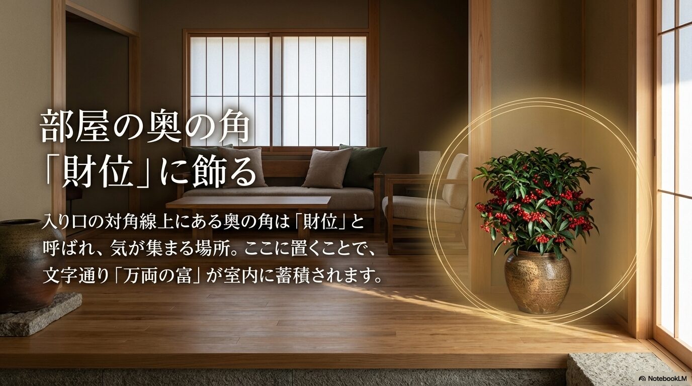 部屋の奥の角である財位に万両を飾って富を蓄積する