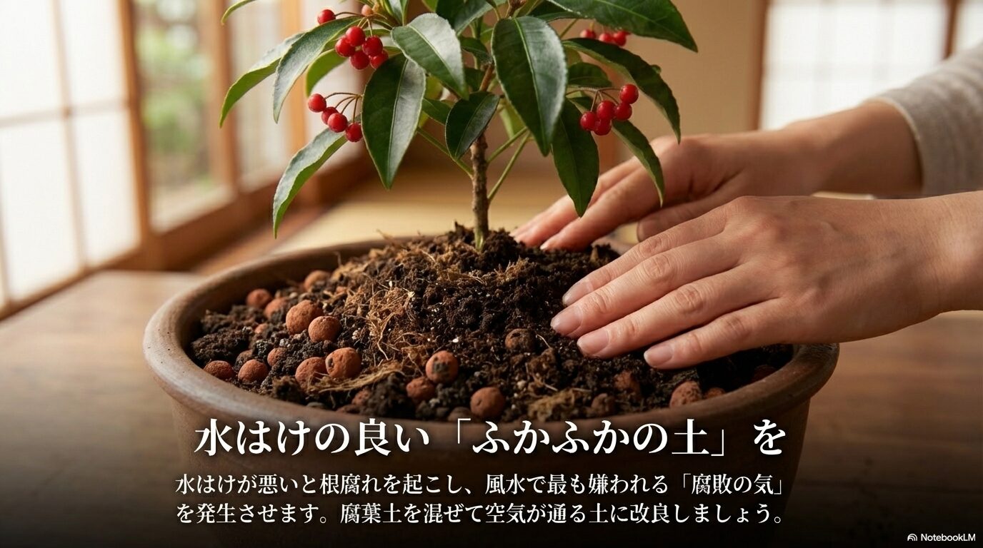 水はけの良いふかふかの土で万両の根腐れを防ぐ