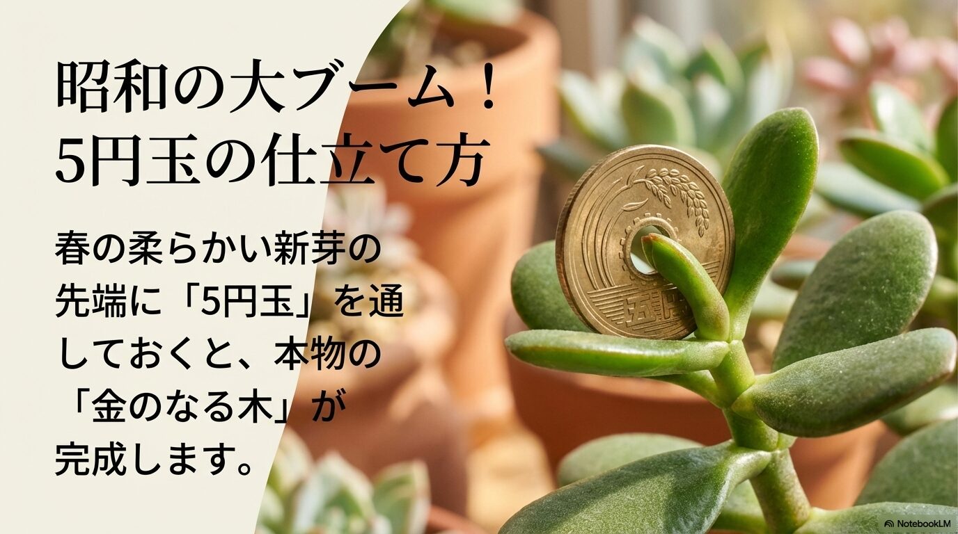 昭和に大ブームとなった、春の新芽の先端に5円玉を通して本物の金のなる木を作る仕立て方