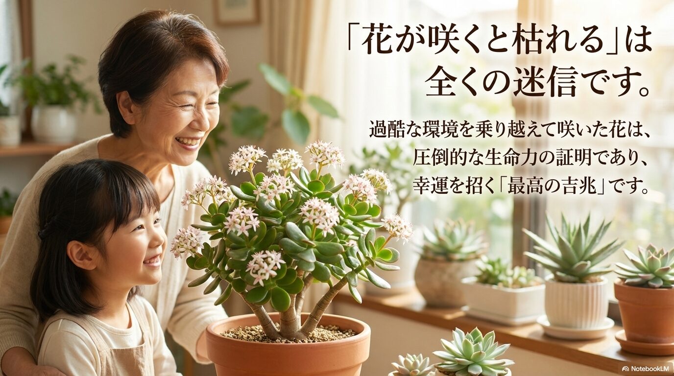 花が咲くと枯れるのは迷信であり、過酷な環境を乗り越えた花は生命力の証明で最高の吉兆であるという解説
