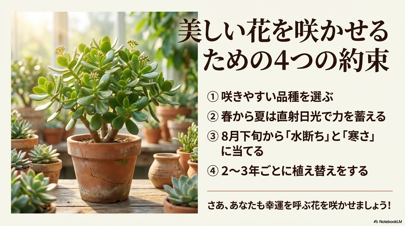 品種選び、春夏の直射日光、8月下旬からの水断ちと寒さ当て、植え替えという4つの約束のまとめ