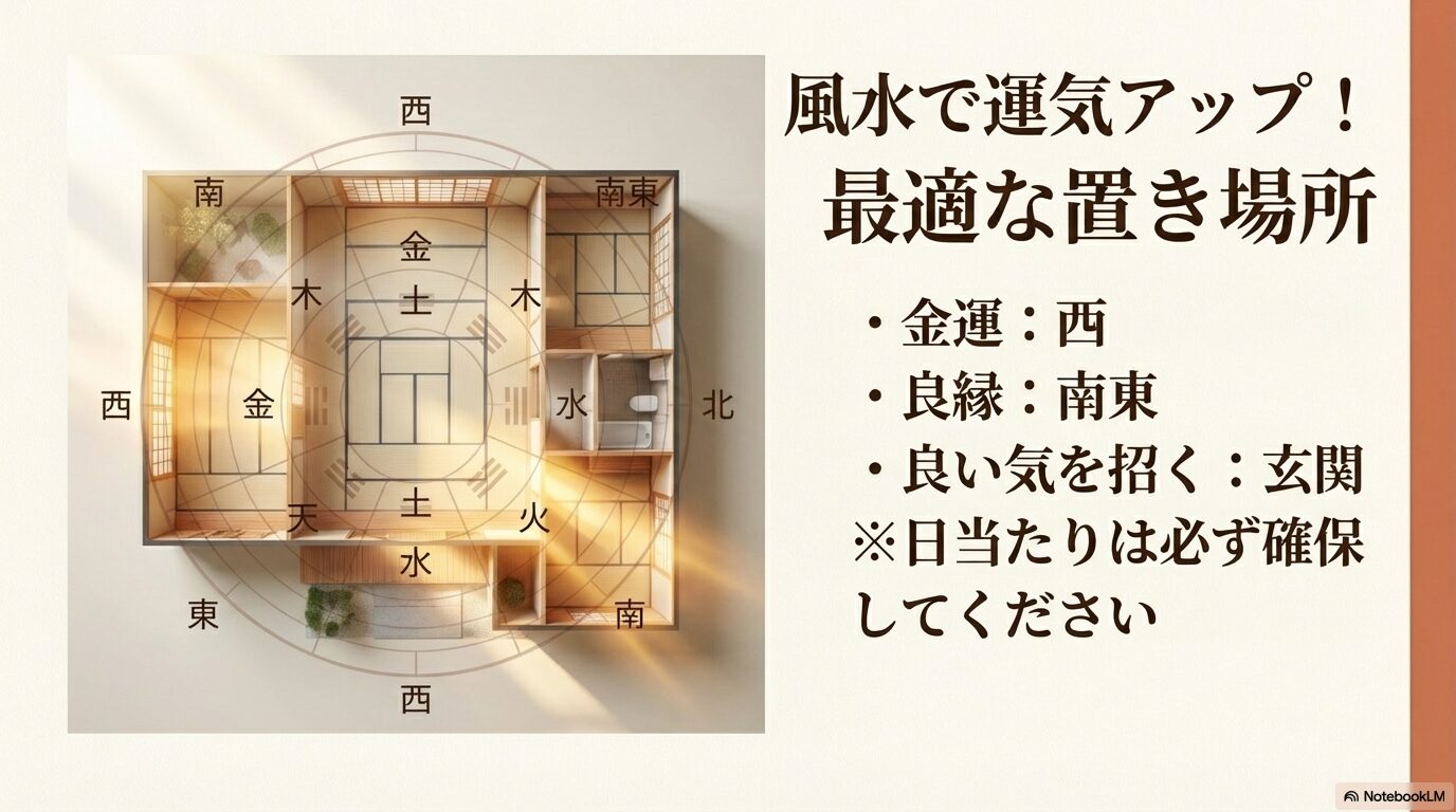 金運アップの西、良縁の南東、良い気を招く玄関など、風水的な最適な置き場所を示す間取り図