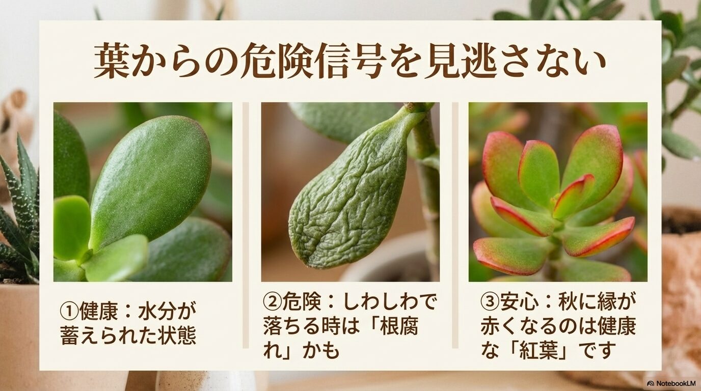 健康な葉、しわしわで根腐れの可能性がある葉、秋に紅葉して縁が赤くなった健康な葉の比較