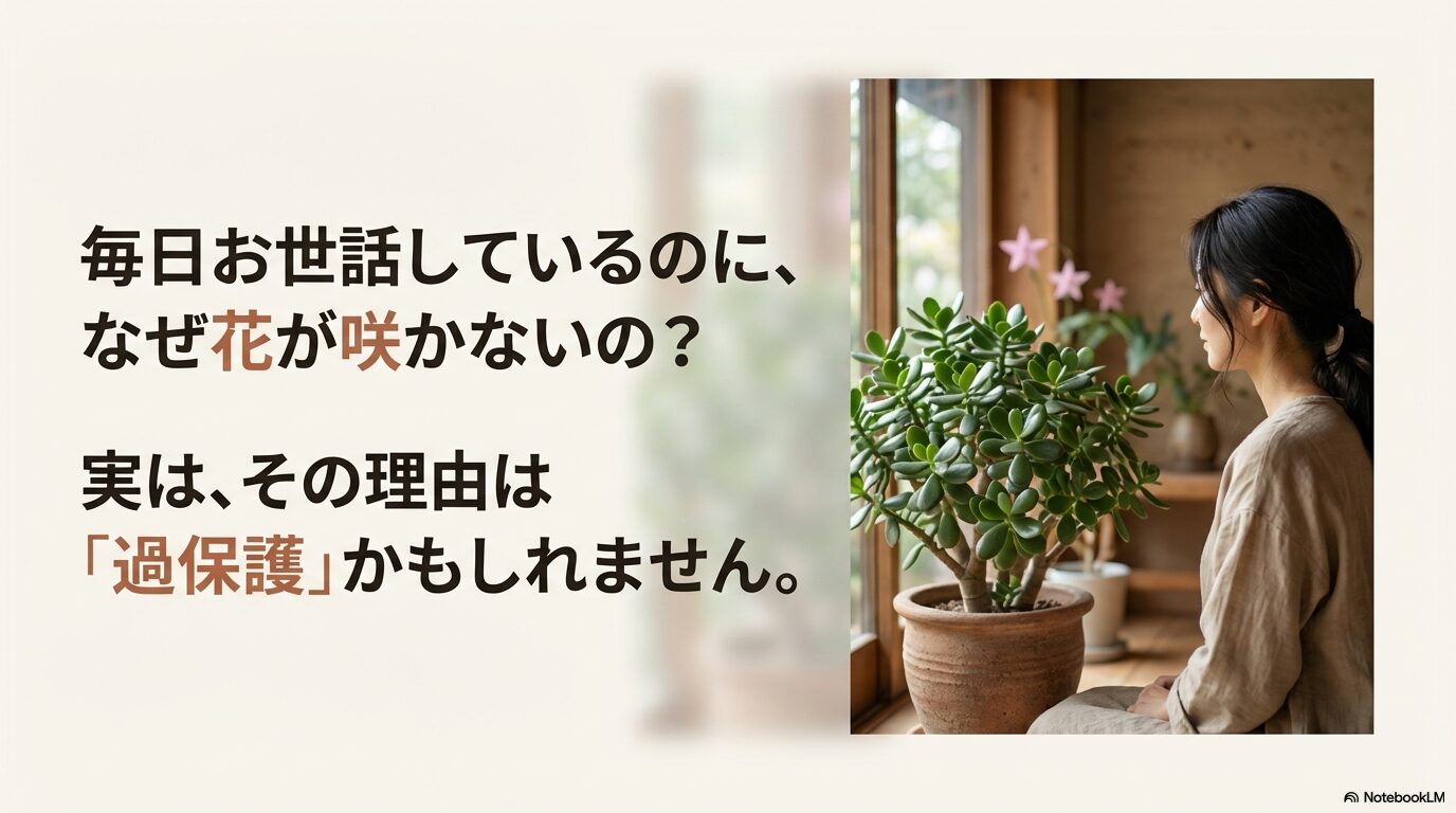 窓辺で金のなる木を見つめる女性と、毎日お世話しているのに花が咲かない理由は過保護かもしれないというメッセージ