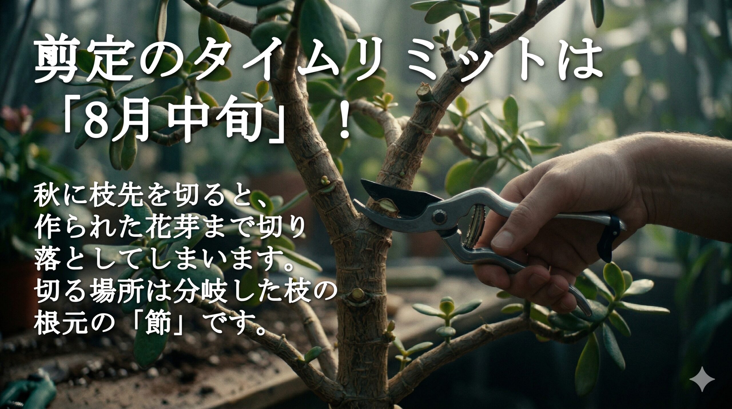 剪定のタイムリミットである8月中旬と、切る場所である葉のすぐ上の節についての解説