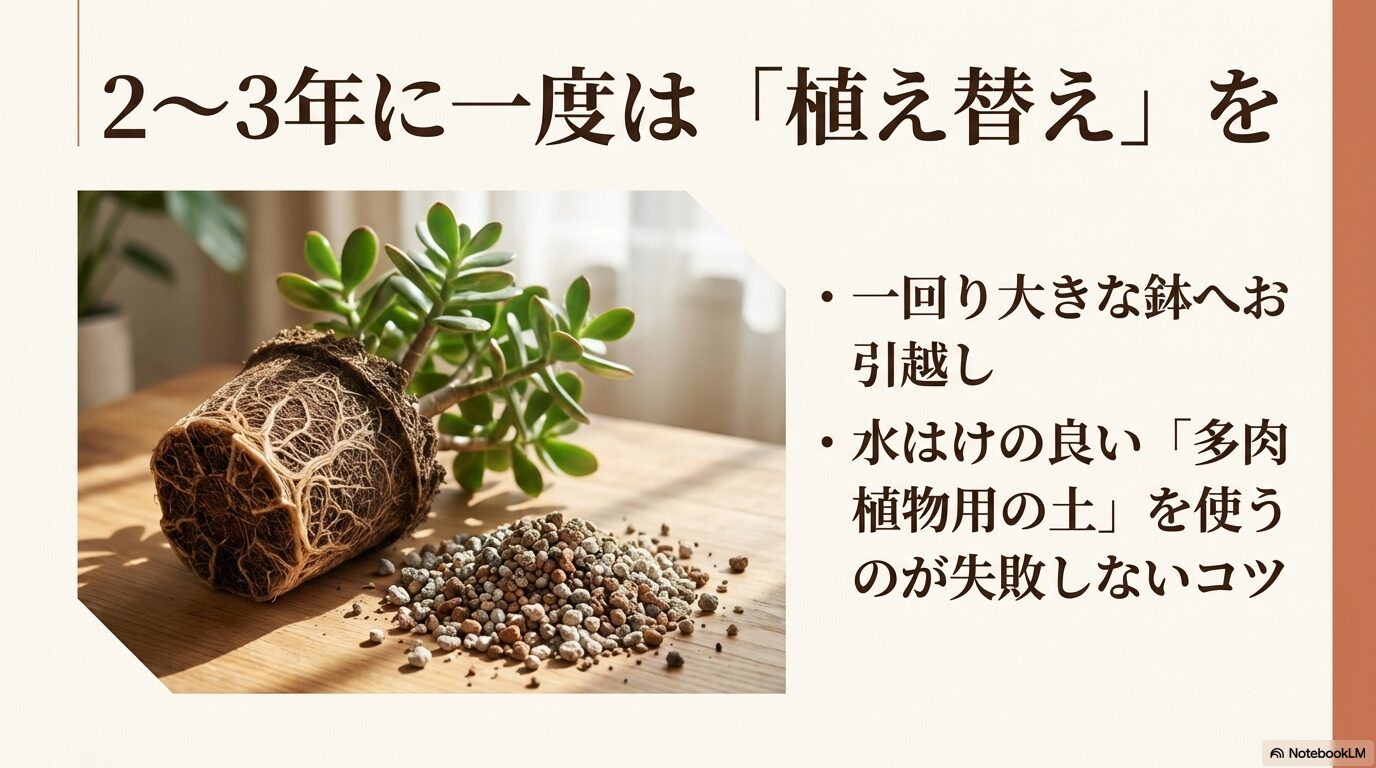 一回り大きな鉢と水はけの良い多肉植物用の土を使った植え替えのポイント