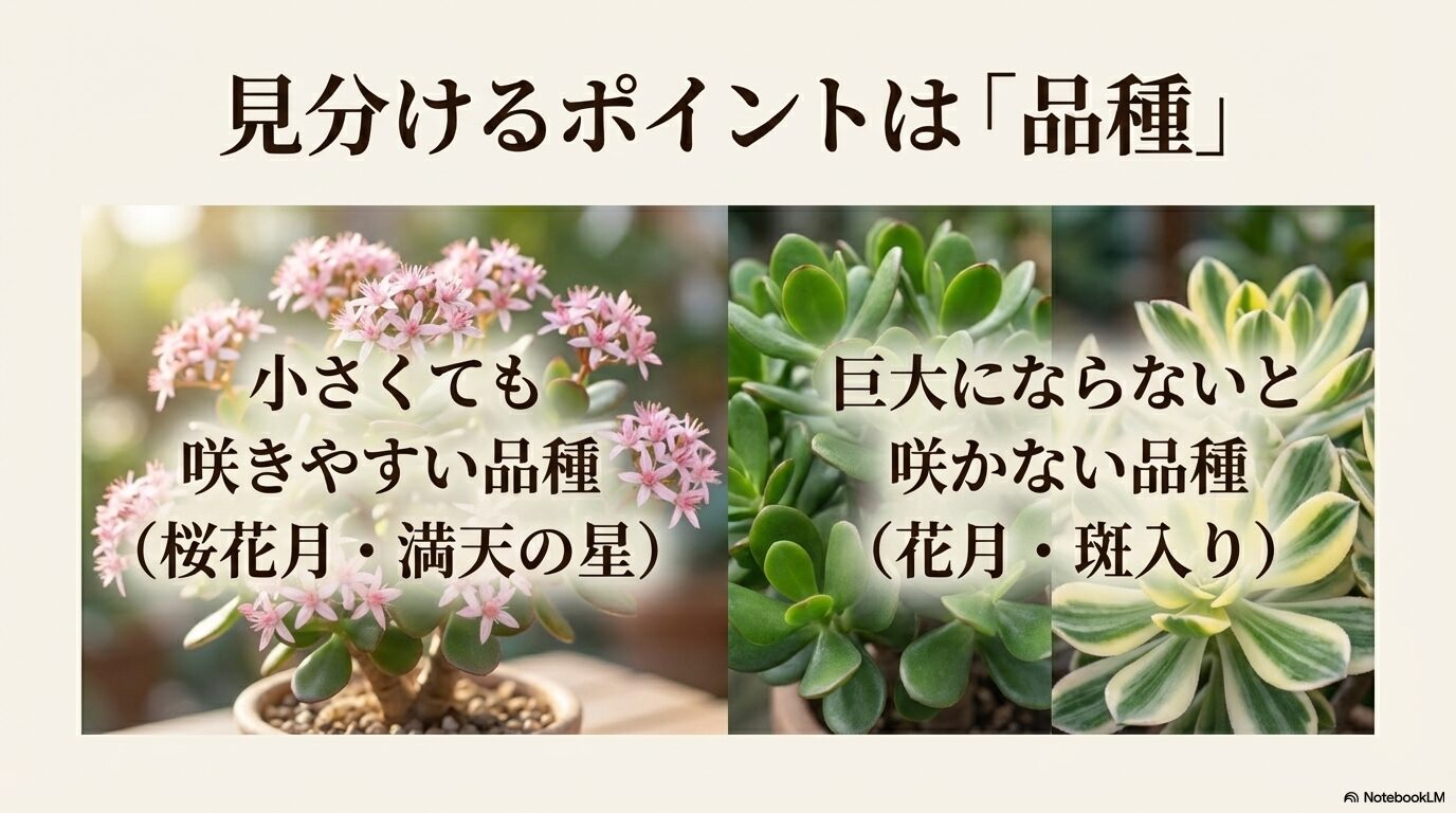 桜花月などの咲きやすい品種と、花月などの巨大にならないと咲かない品種の違い
