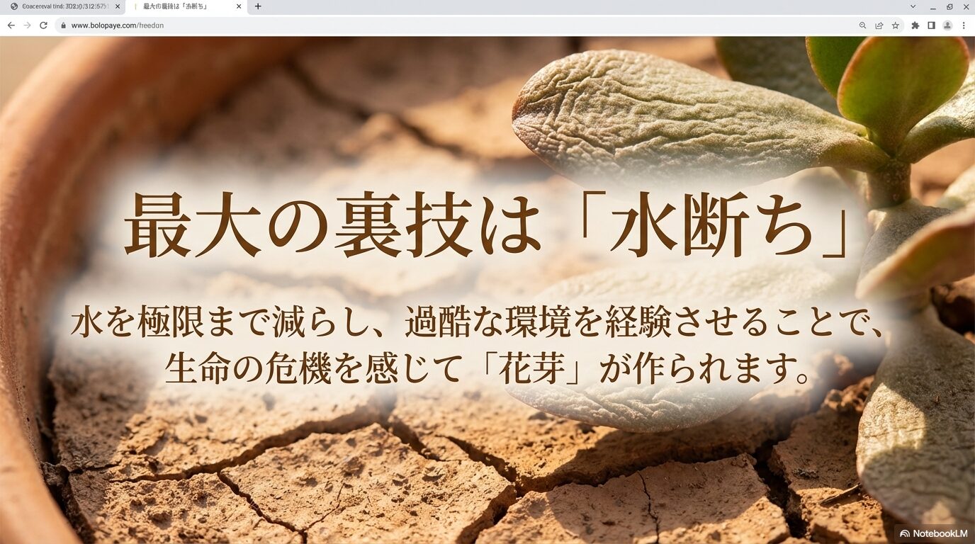 水を極限まで減らして生命の危機を感じさせ花芽を作らせる裏技「水断ち」の解説