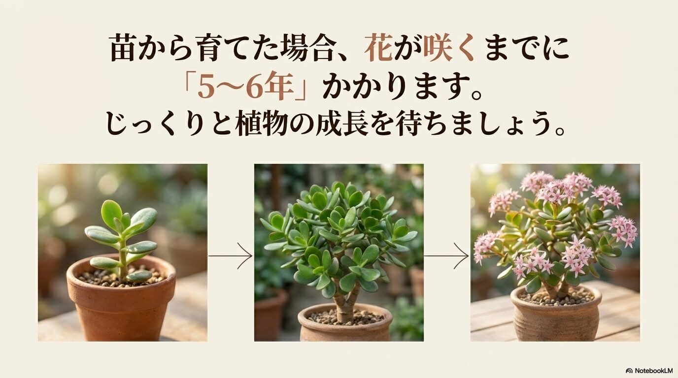 小さな苗から花が咲くまでに5年から6年かかる成長過程のイメージ