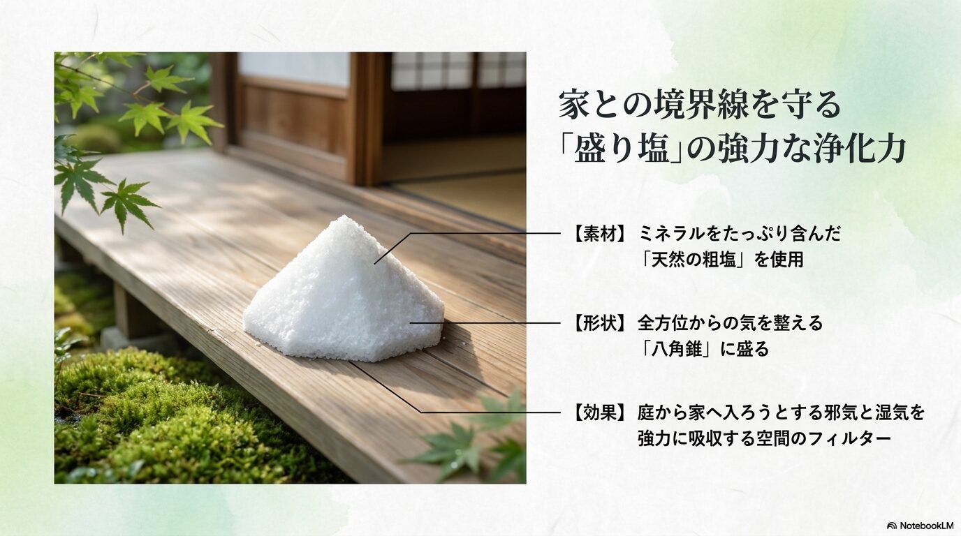 天然の粗塩で作った八角錐の盛り塩が家と庭の境界線を守る強力な浄化力と結界になる