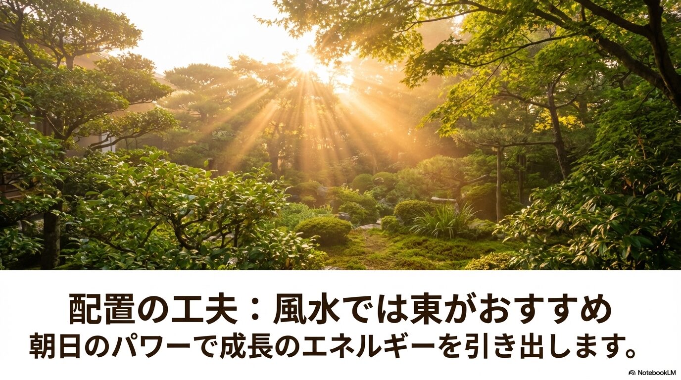 木々の間から成長のエネルギーをもたらす美しい朝日の光が差し込んでいる、緑豊かで気の流れが良い庭の風景