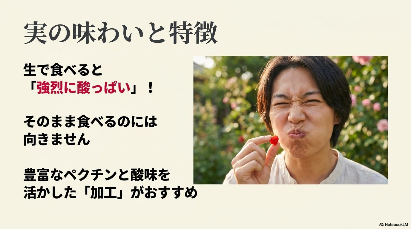 ニワウメの実を生で食べて酸っぱさに驚くイメージと、ペクチン豊富な実を加工することをおすすめする内容