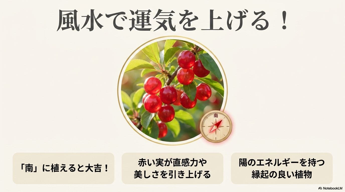 ニワウメの赤い実が持つ陽のエネルギーと、南の方位に植えることで美しさや直感力がアップする風水効果の解説図