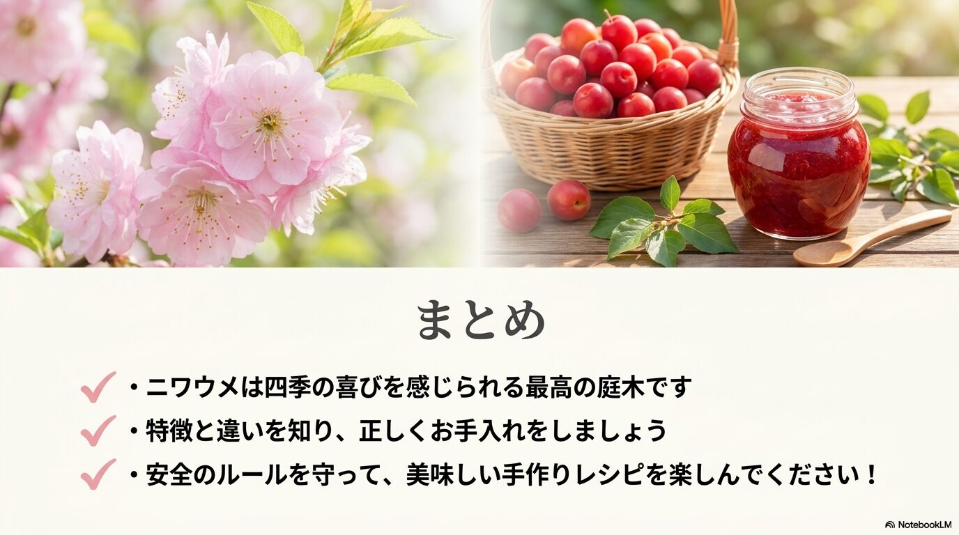 ニワウメの四季の楽しみ、安全なレシピ、正しいお手入れ方法の重要性をまとめた最終スライド