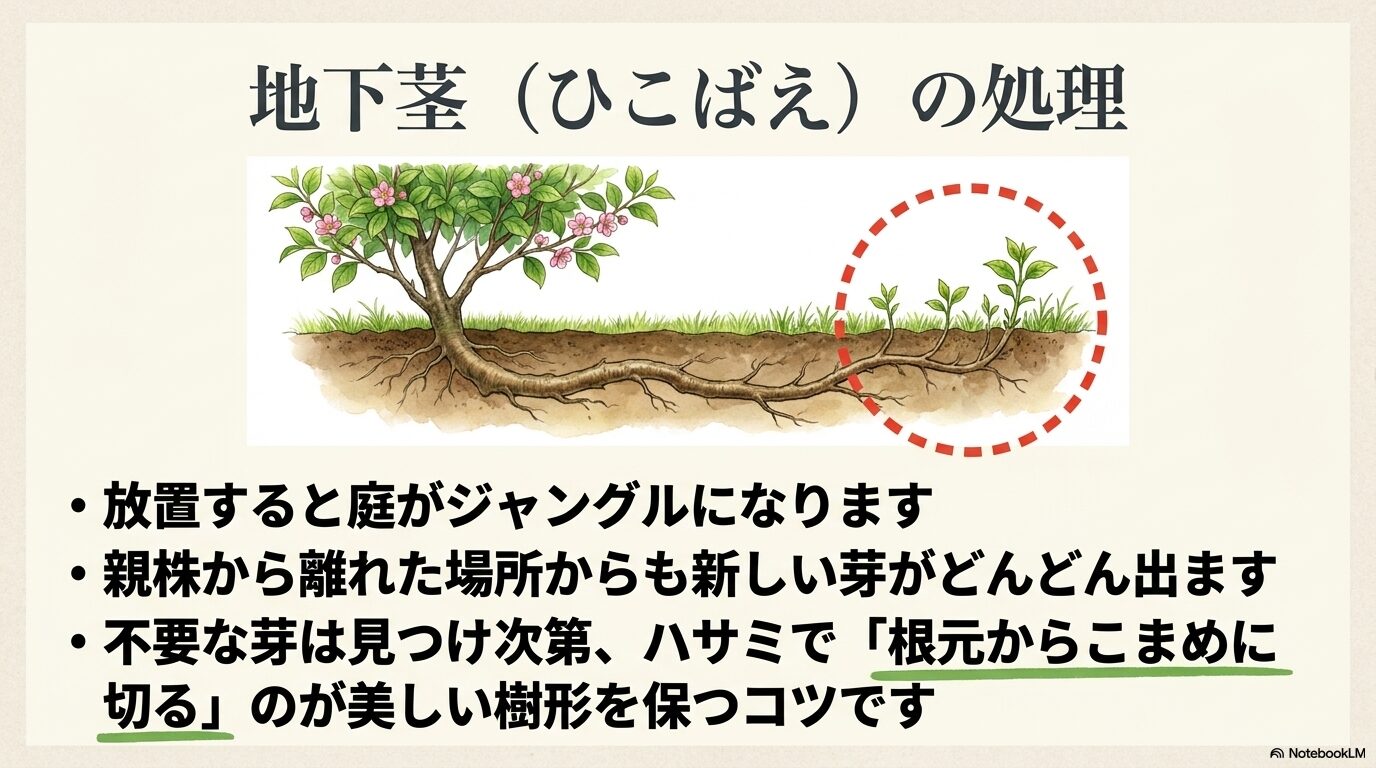 不要な場所から生えてきた芽（ひこばえ）を根元からハサミで切り、庭のジャングル化を防ぐ方法