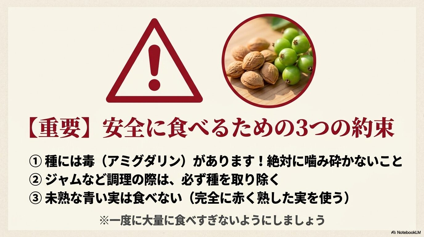 種の毒性アミグダリンに触れ、種を噛まない、裏ごしする、未熟な実は食べないという3つの約束を警告する図解