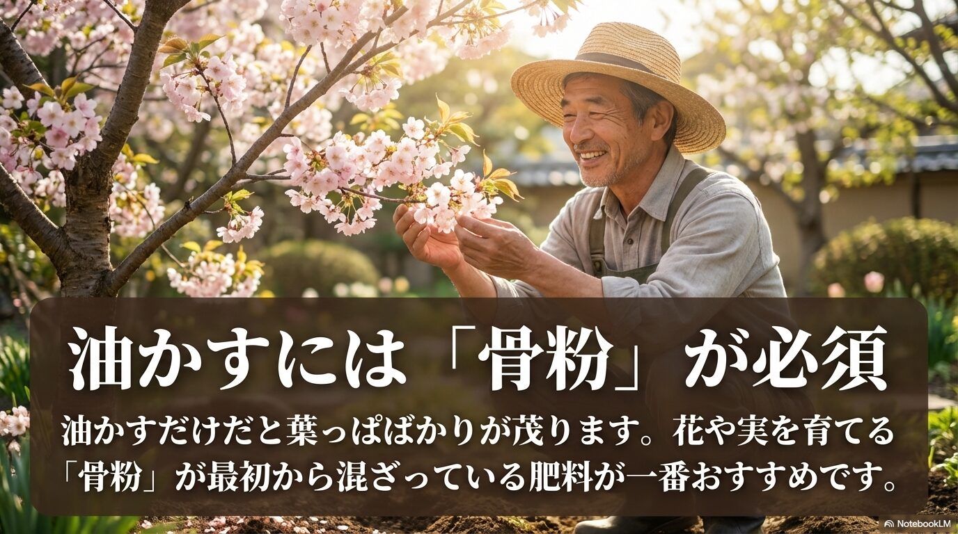 油かすだけだと葉ばかり茂るため、花や実を育てる骨粉が最初から混ざっている肥料がおすすめ