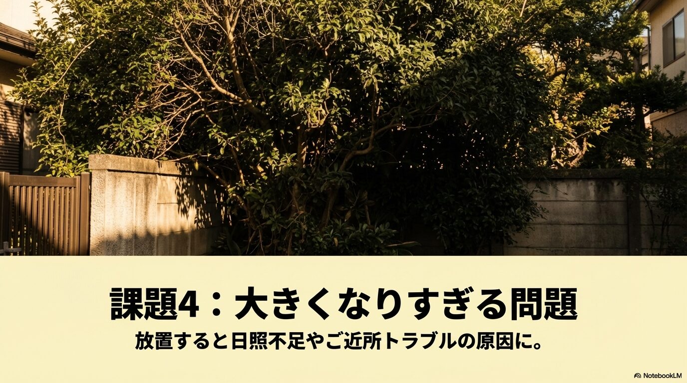住宅の庭で剪定されずに放置され、境界線を越えるほどうっそうと大きく茂ってしまった樹木