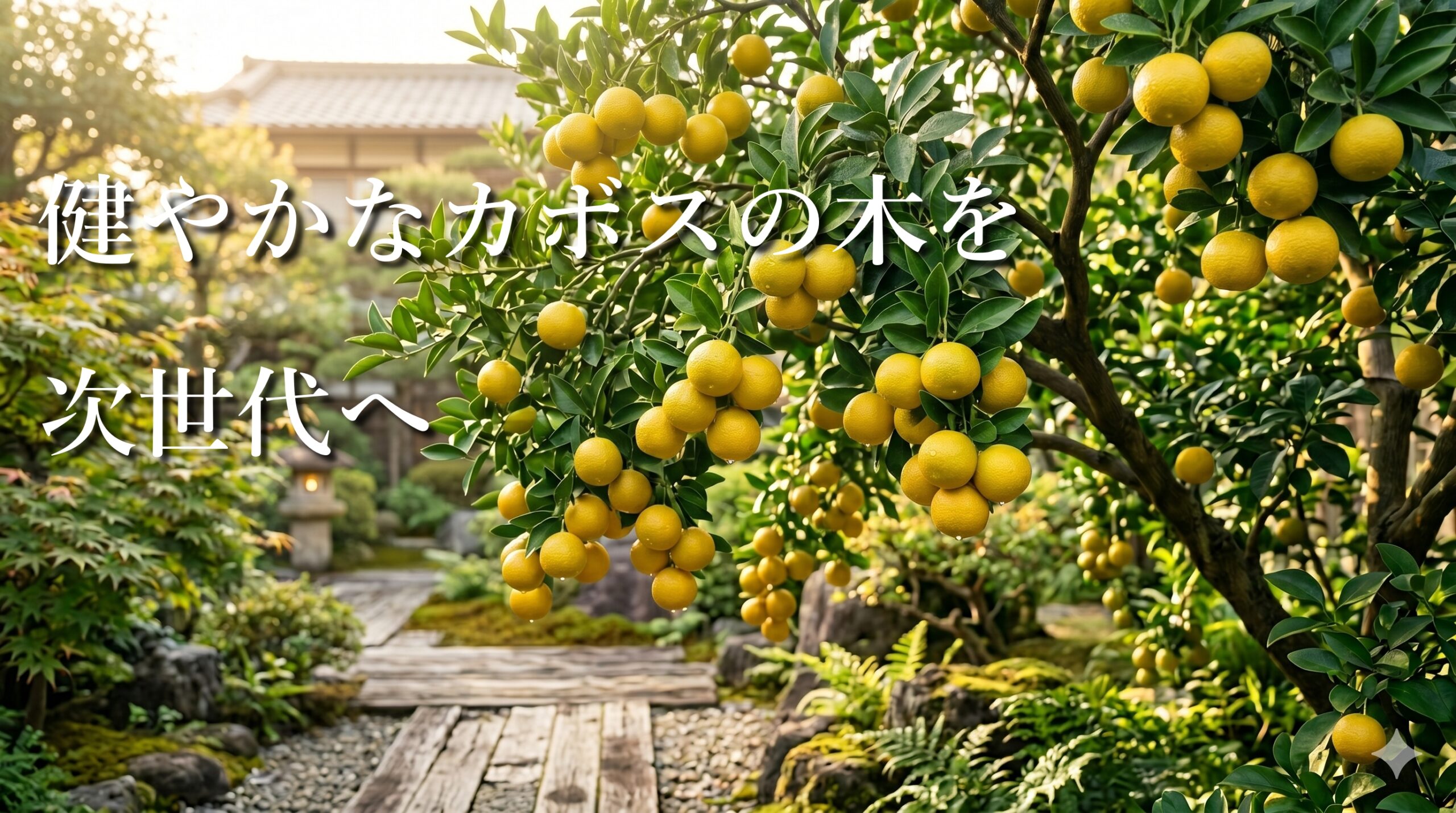 朝の柔らかな光を浴びた日本庭園で、黄色く熟したたわわな果実が、重みで垂れ下がるほど枝に鈴なりに実っているカボスの木。苔むした石や木製の縁側が見え、木が健康に育っている様子を強調している。
